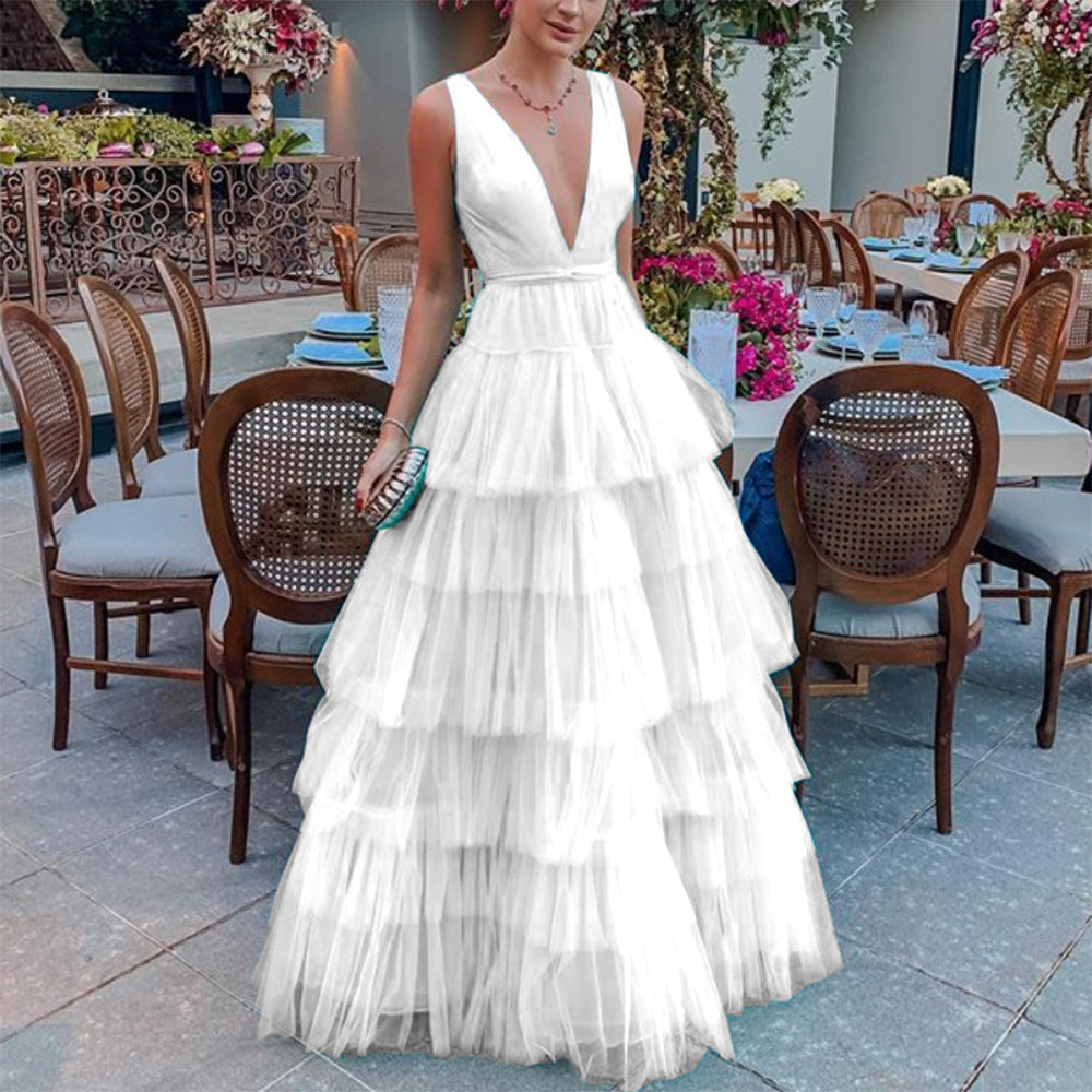 Summer Women Clothing Dress Net Yarn Cake Dress V neck Brace Evening Dress by Ragazza
