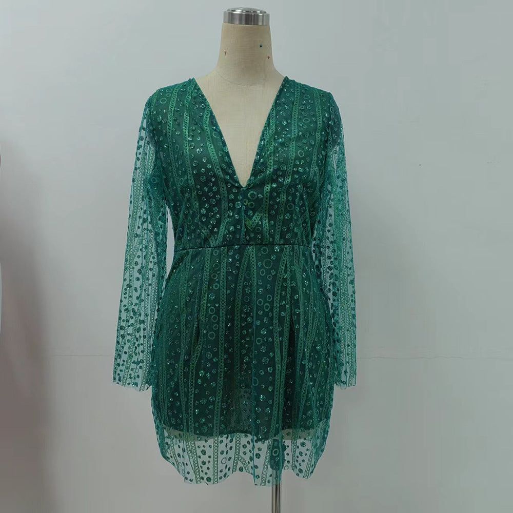 Women Clothing Dress Deep V Plunge See through Long Sleeve Short Dress Gold Dress by Ragazza