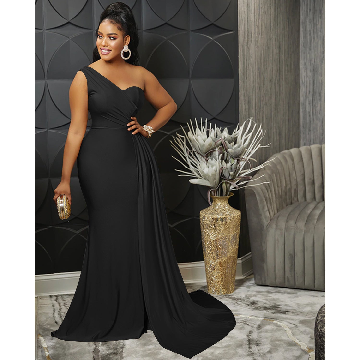 Solid Color Party Tight One Shoulder Sleeve Dress Maxi Dress Women by Ragazza