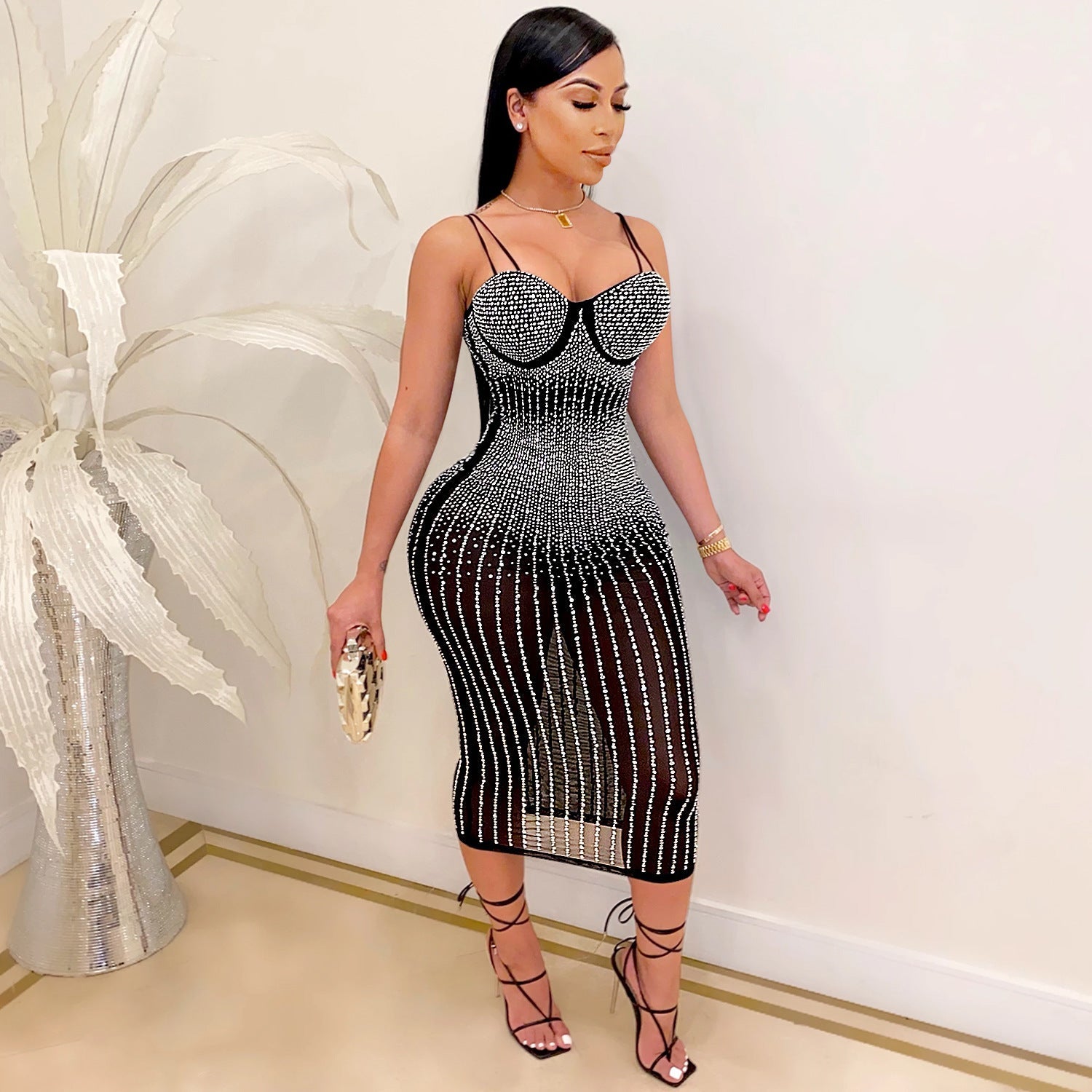 Women Wear Party Nightclub Mesh See through Rhinestone Diamond Strap Dress by Ragazza