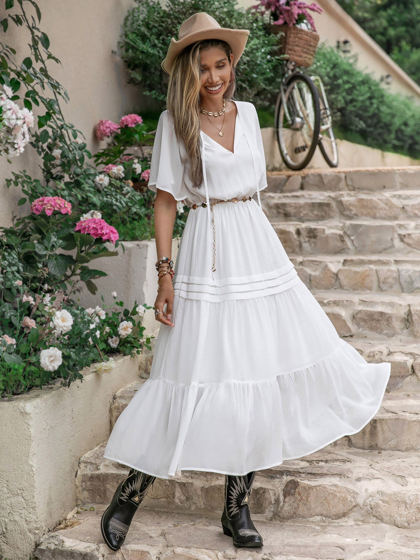 Mixed Elegant Princess French Royal Pure White Waist Drawstring Slimming Nightdress Dress by Ragazza