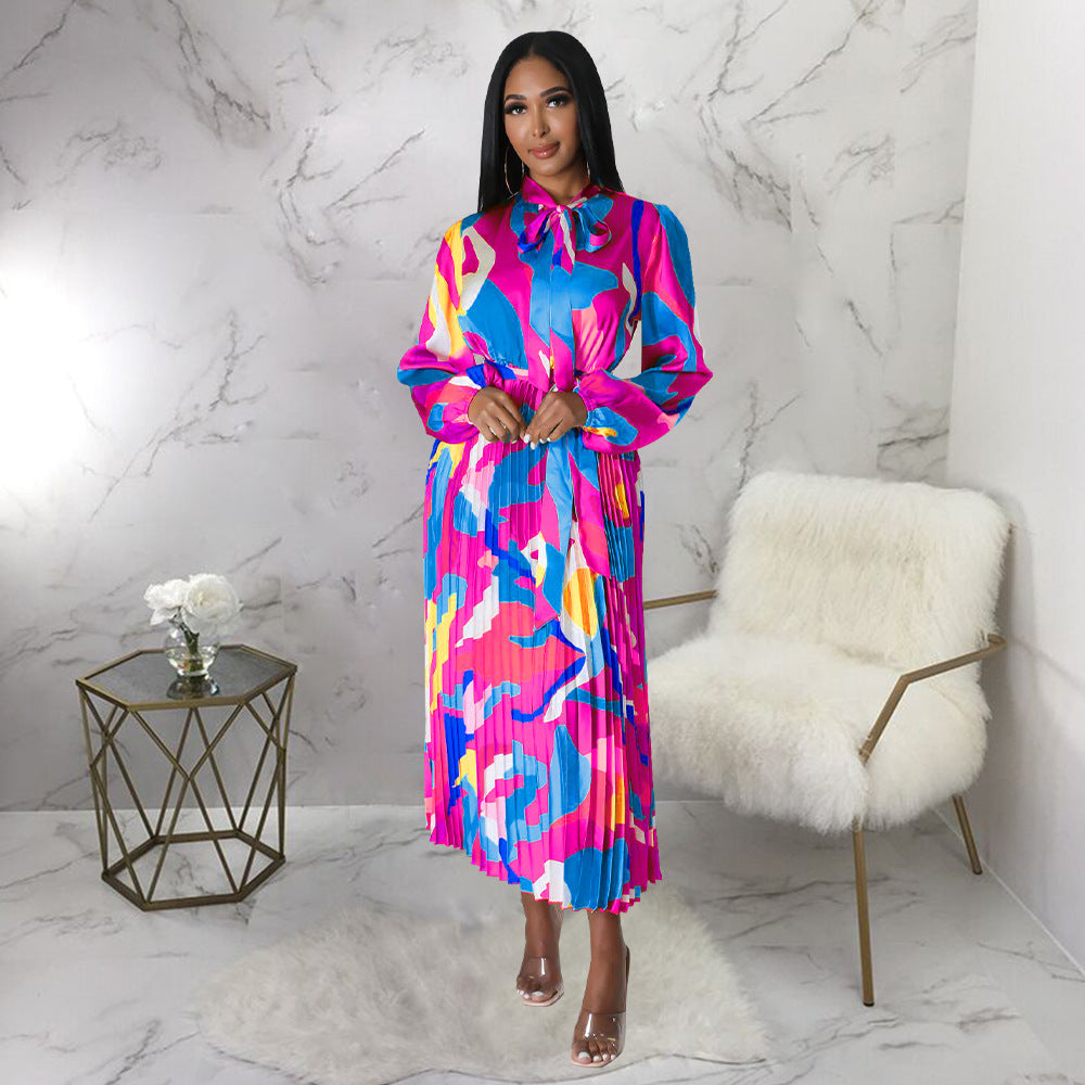 Women Clothing Lace up Long Sleeve Printed Pleated Dress by Ragazza