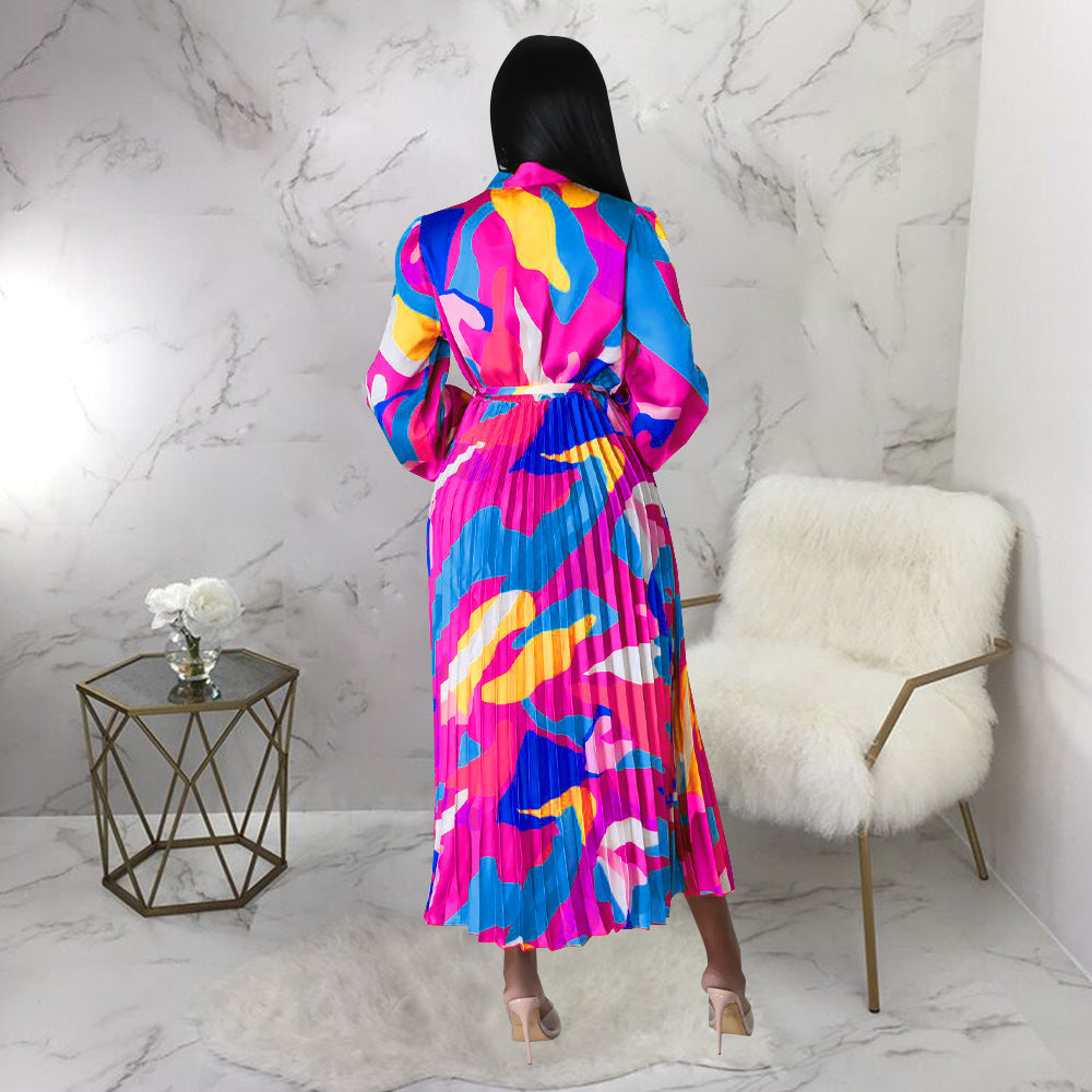 Women Clothing Lace up Long Sleeve Printed Pleated Dress by Ragazza