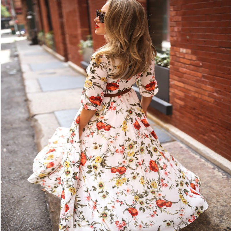 Spring Autumn Dress Printed Large Swing Elegant Chiffon Floral Slim Fitting Dress by Ragazza