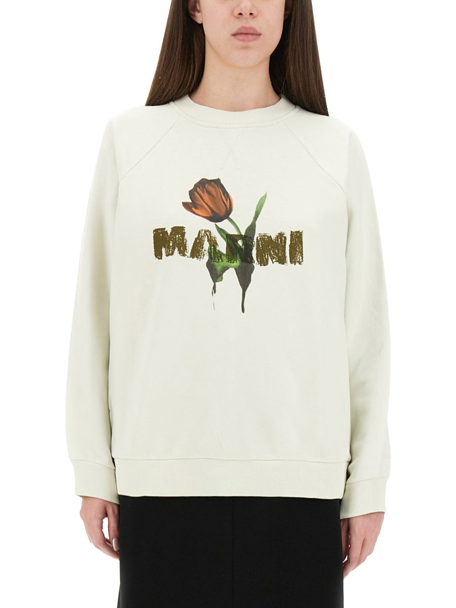 Marni Women White Cotton Sweatshirt With Tulip Print DestGlow