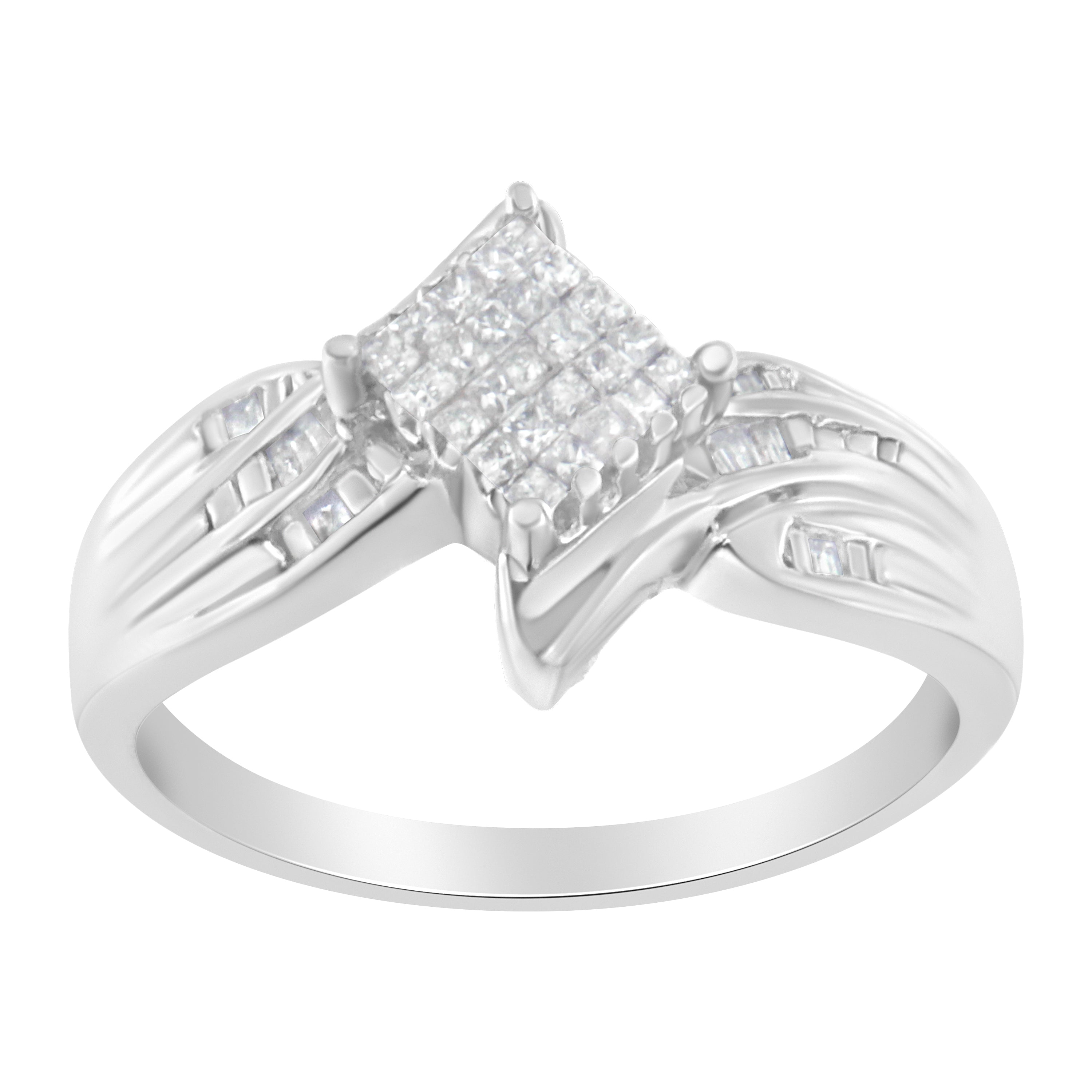 10K White Gold 1/3 Cttw Princess and Baguette Cut Diamond Bypass Style Cocktail Ring (I-J Color, I1-I2 Clarity) - Size 4 by Bids.com