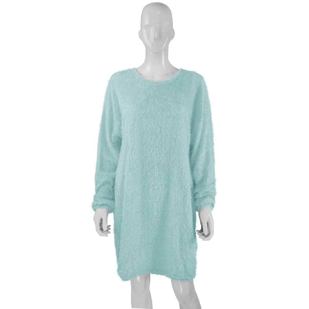 Autumn Winter Women Clothes Mid Length Long Sleeve Round Neck Loose Plush Dress by Ragazza