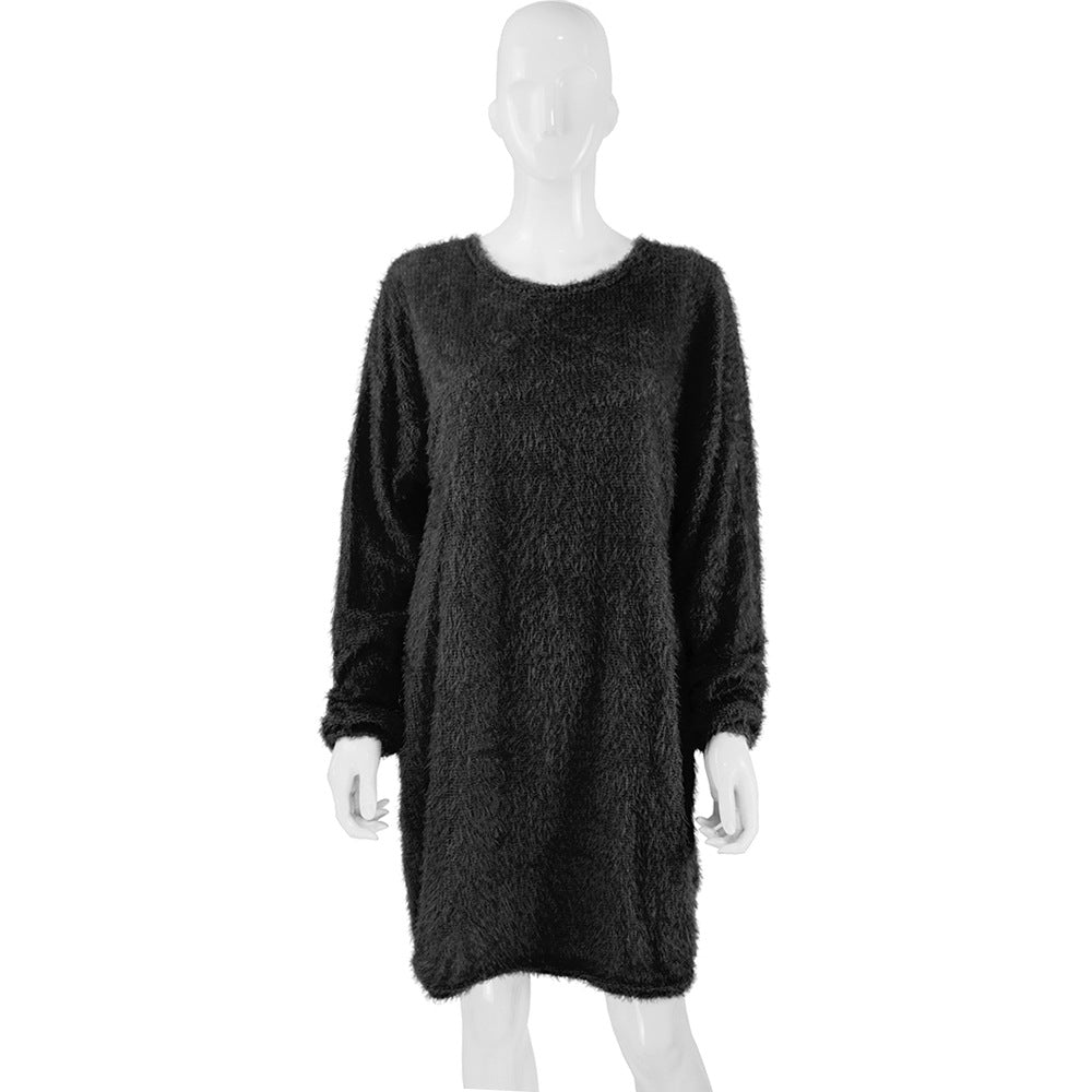Autumn Winter Women Clothes Mid Length Long Sleeve Round Neck Loose Plush Dress by Ragazza