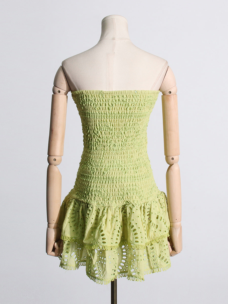 Spring Sexy Sexy Elastic Waist Tube Top Embroidered Ruffled Short Dress for Women by Ragazza