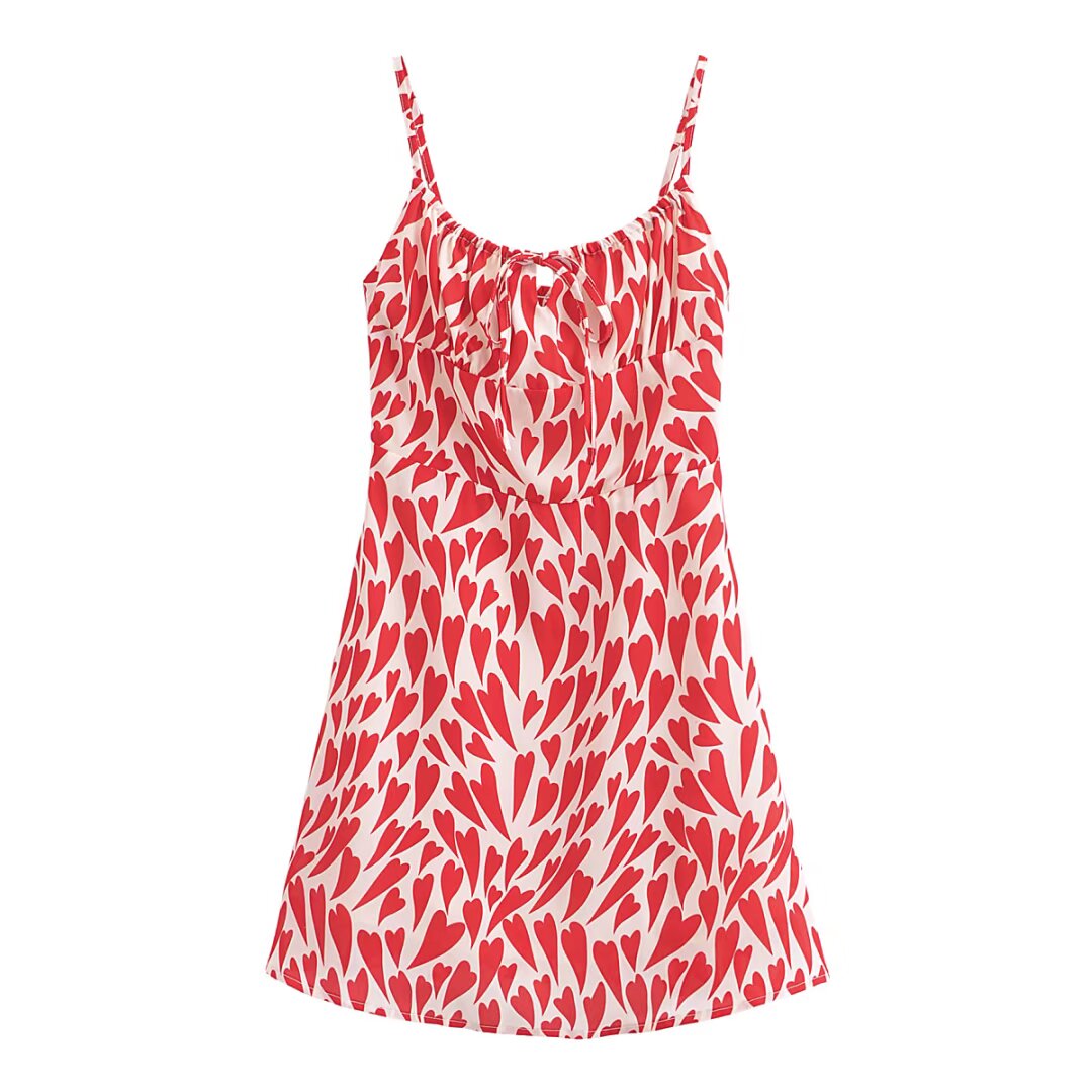 Summer Heart Shape Printed Figure Flattering Cinched Waist Lace-up Cami Dress Short Dress by Ragazza