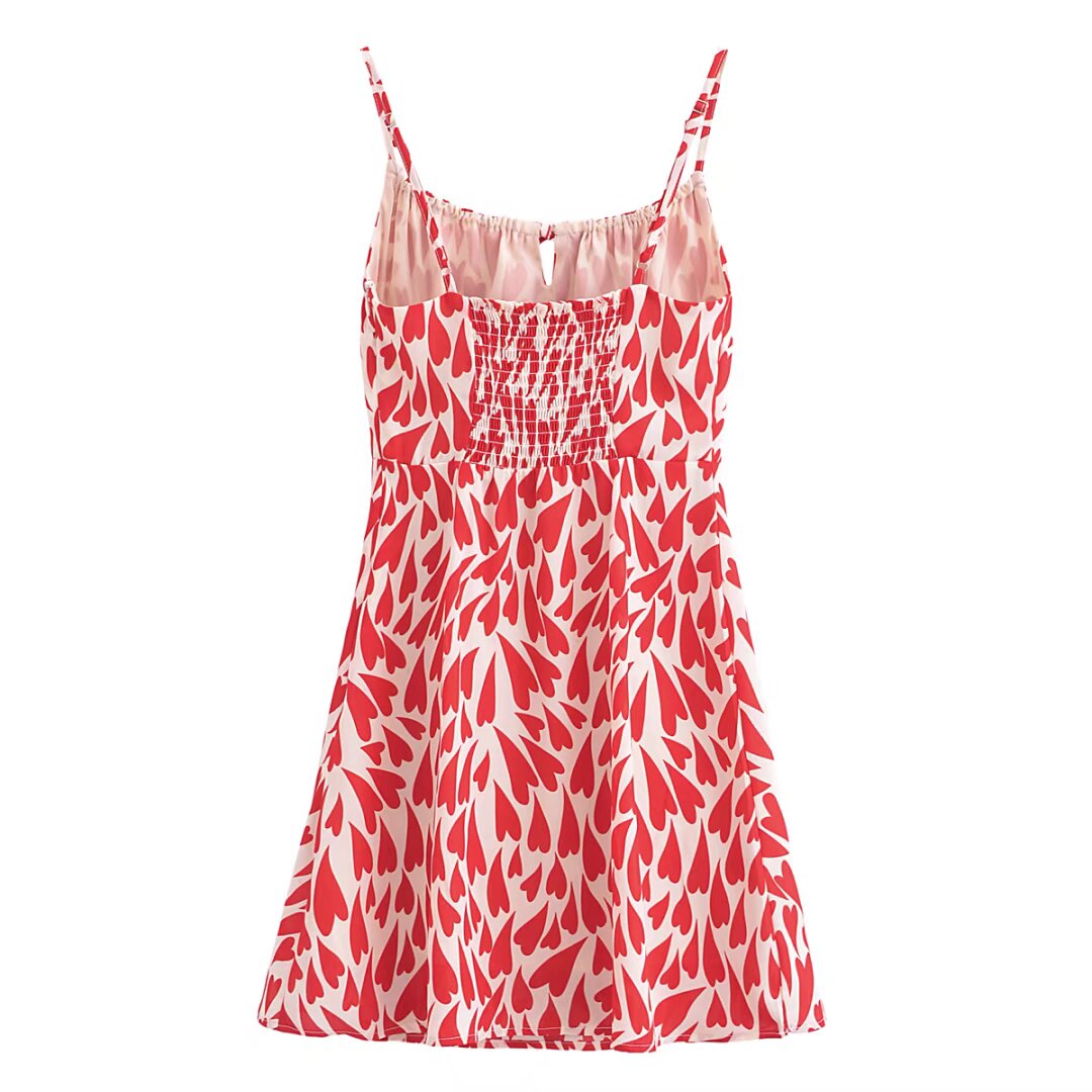 Summer Heart Shape Printed Figure Flattering Cinched Waist Lace-up Cami Dress Short Dress by Ragazza