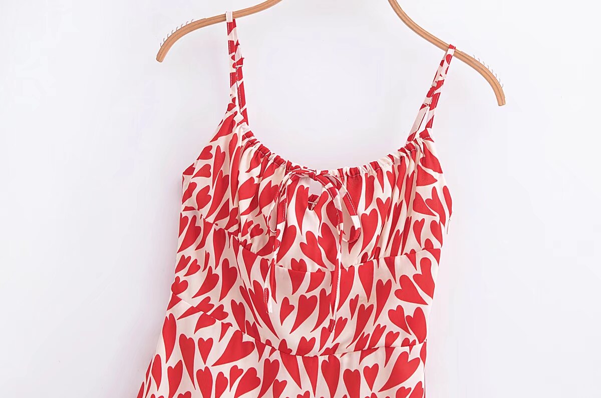Summer Heart Shape Printed Figure Flattering Cinched Waist Lace-up Cami Dress Short Dress by Ragazza