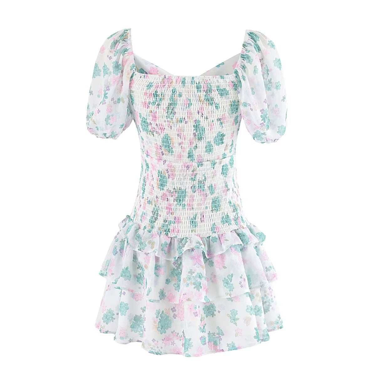 Simple Sexy Niche Design Dress Floral Drawstring Elastic Puff Short Sleeve High Waist Dress by Ragazza