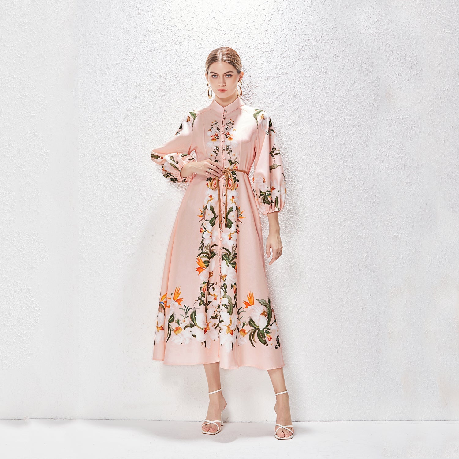 Printed Fashion Temperament Stand Collar Single Breasted Lantern Sleeve Long Dress by Ragazza