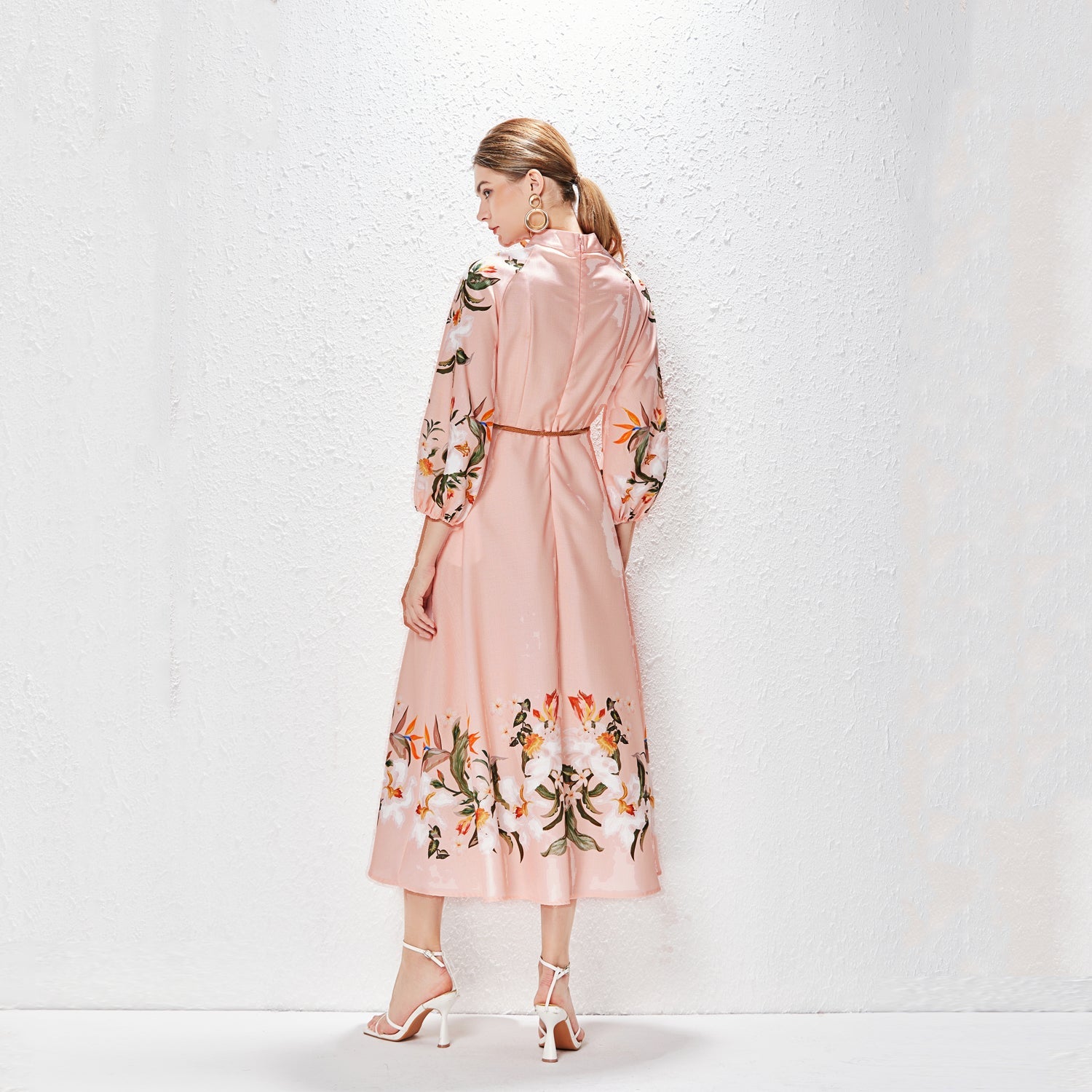 Printed Fashion Temperament Stand Collar Single Breasted Lantern Sleeve Long Dress by Ragazza