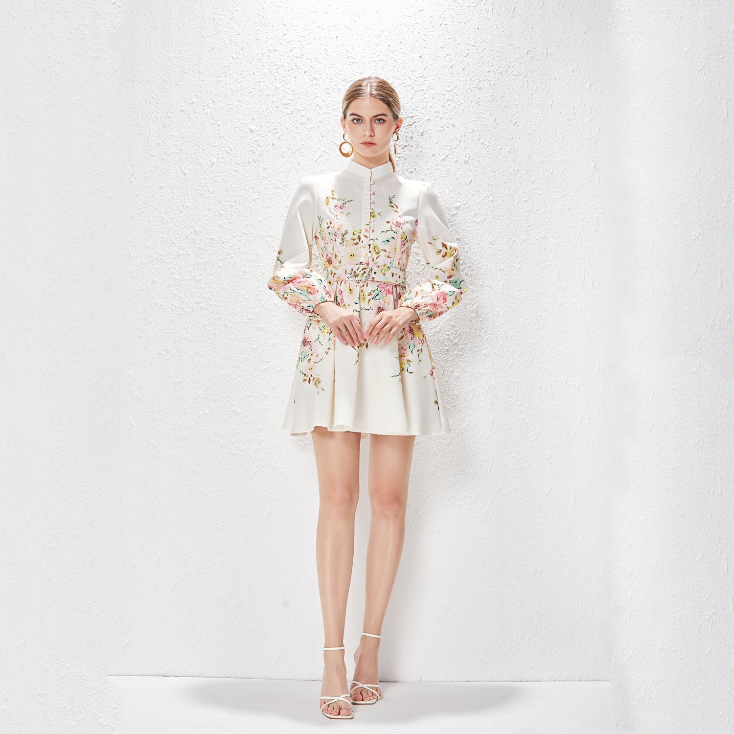 Spring Summer Stand Collar Single Breasted Lantern Sleeve Positioning Printed Dress by Ragazza