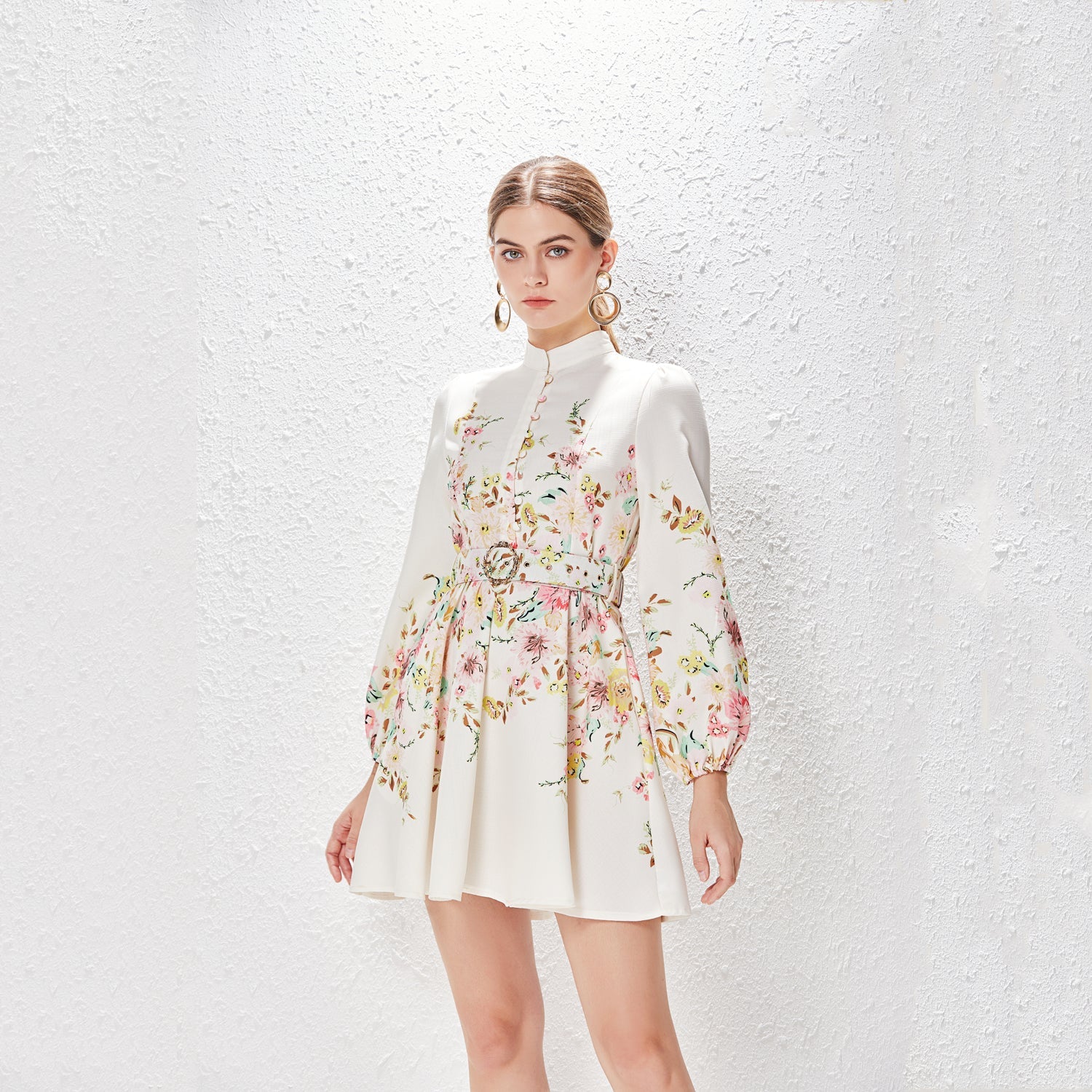 Spring Summer Stand Collar Single Breasted Lantern Sleeve Positioning Printed Dress by Ragazza