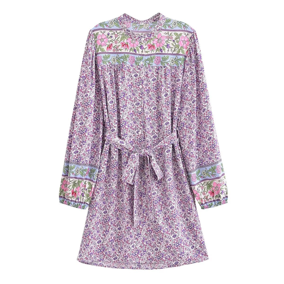 Spring Women Positioning Floral Single Breasted Dress with Belt Long Sleeve Mid Length Dress by Ragazza