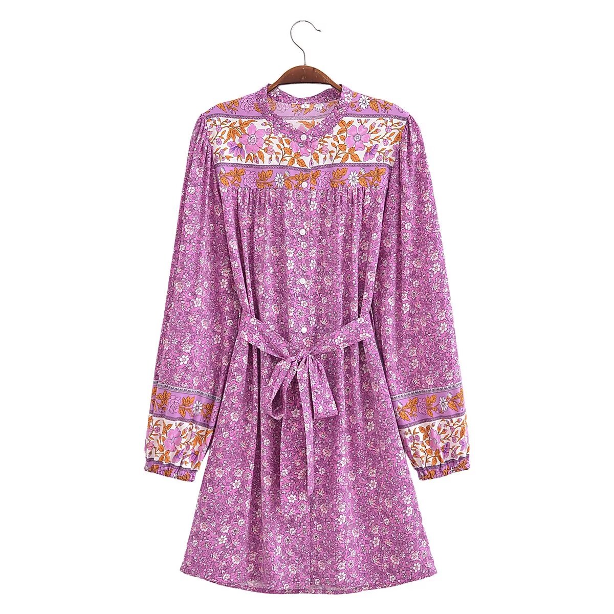 Spring Women Positioning Floral Single Breasted Dress with Belt Long Sleeve Mid Length Dress by Ragazza