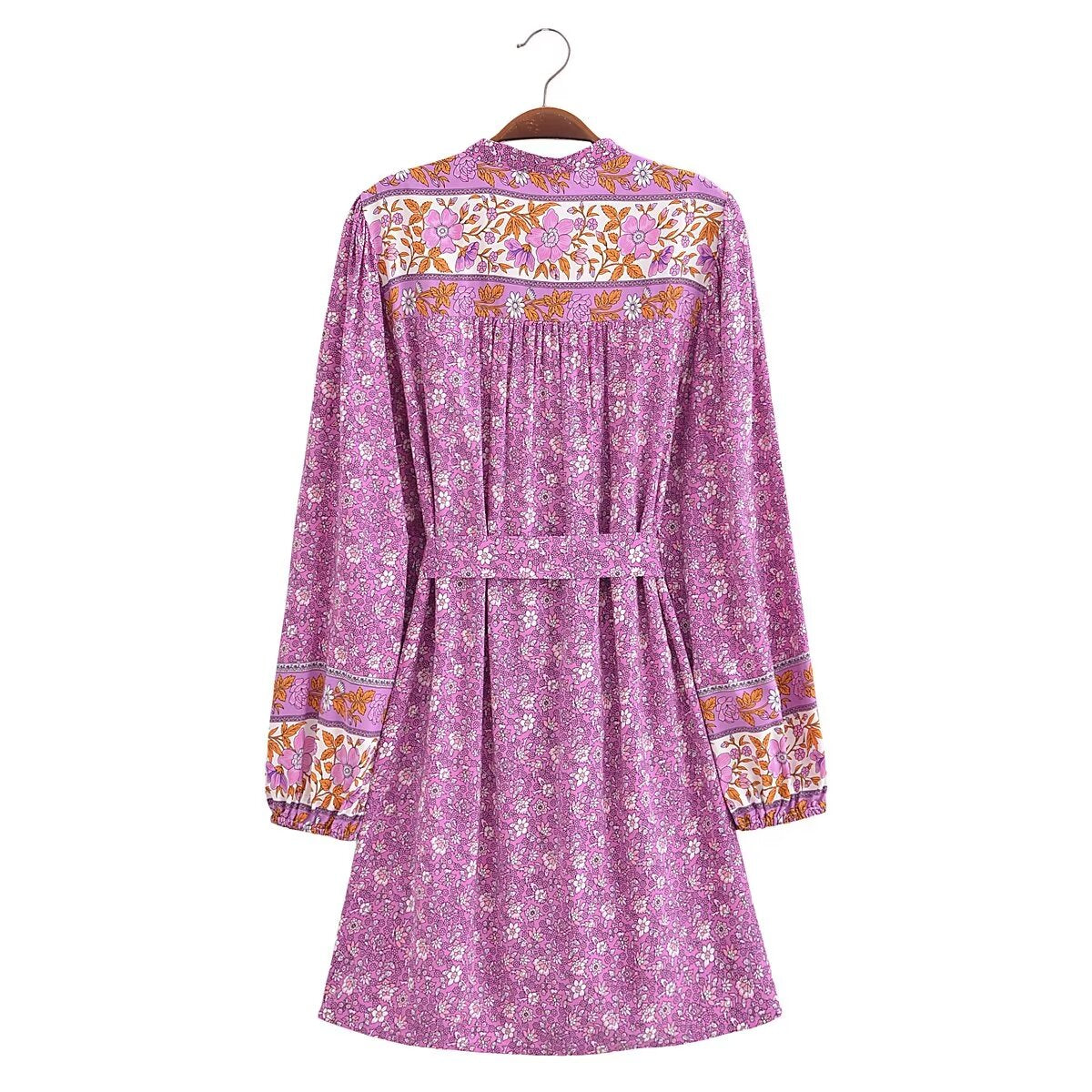 Spring Women Positioning Floral Single Breasted Dress with Belt Long Sleeve Mid Length Dress by Ragazza
