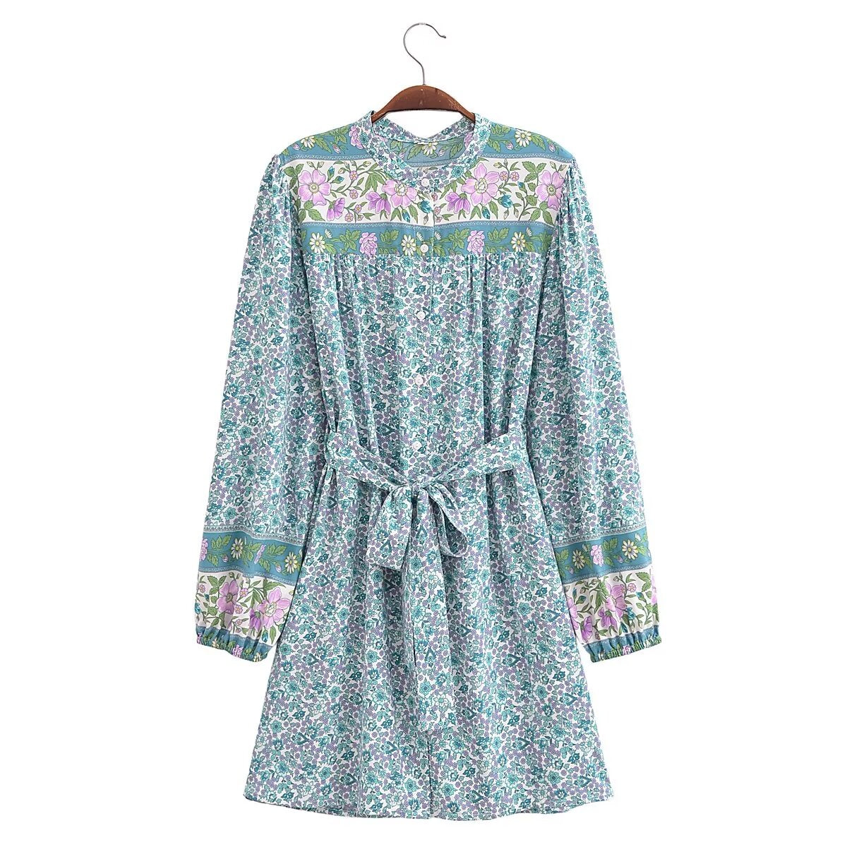 Spring Women Positioning Floral Single Breasted Dress with Belt Long Sleeve Mid Length Dress by Ragazza