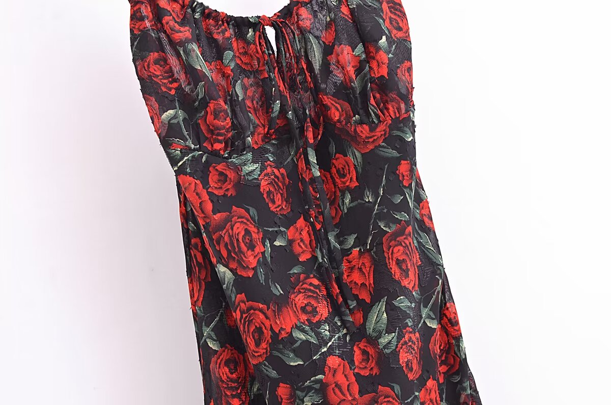 Women Rose Jacquard Printed Slim Waist Fishtail Cami Dress DestGlow