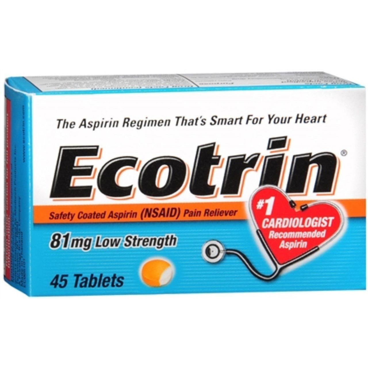 Ecotrin Low Dose Safety Coated Aspirin 81mg, 45 Tablets – Heart Health Support by Pasteur Pharmacy