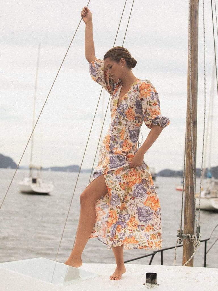 French Royal Colorful Floral V Neck Tight Waist Puff Sleeve Floral Dress by Ragazza