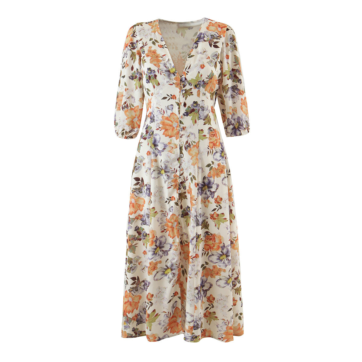 French Royal Colorful Floral V Neck Tight Waist Puff Sleeve Floral Dress by Ragazza
