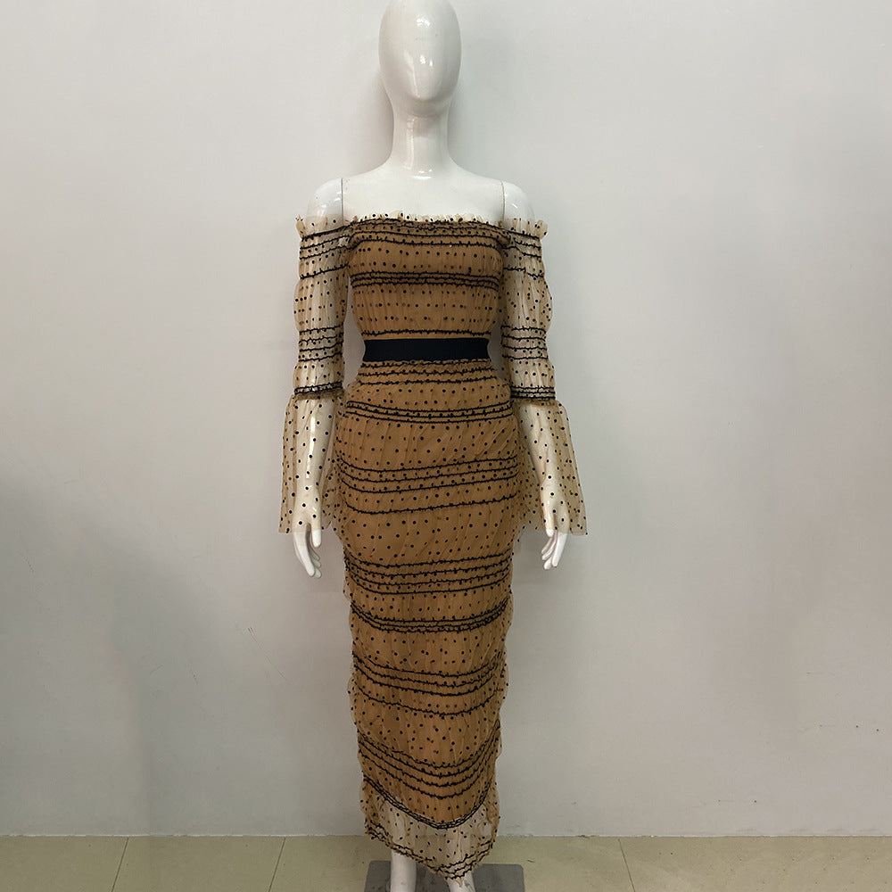 Autumn Bubble Sleeve Square Collar Sexy Mesh Sequ Stitching Elegant Bandage One Piece Dress by Ragazza
