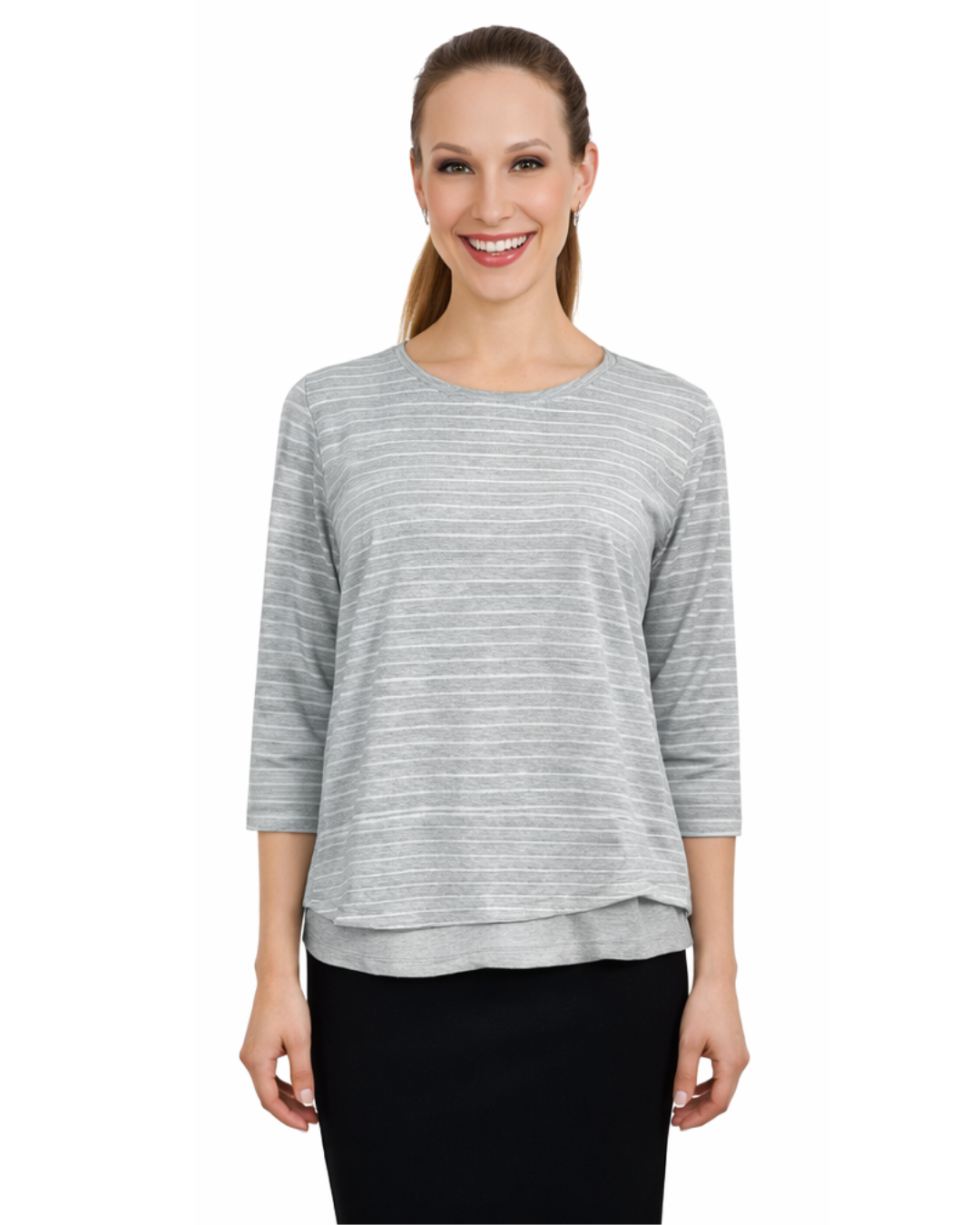 3/4 Sleeve Modest Striped Rib Knit Top with Solid Panel - Hip Length Casual Comfort by Kosher Casual USA