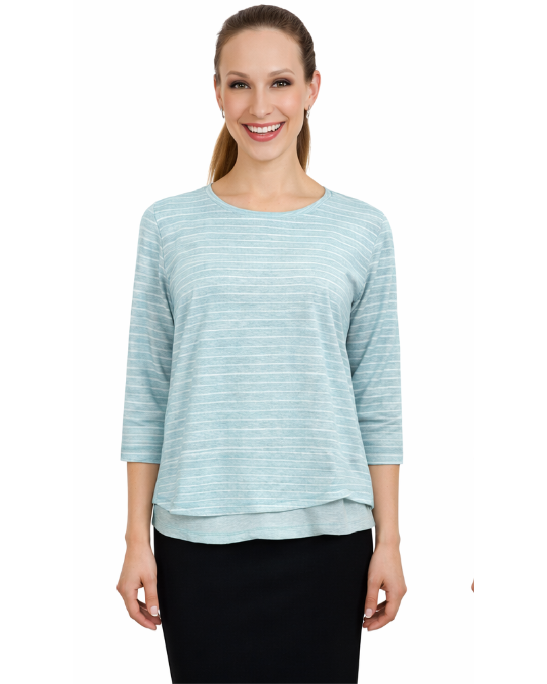 3/4 Sleeve Modest Striped Rib Knit Top with Solid Panel - Hip Length Casual Comfort by Kosher Casual USA