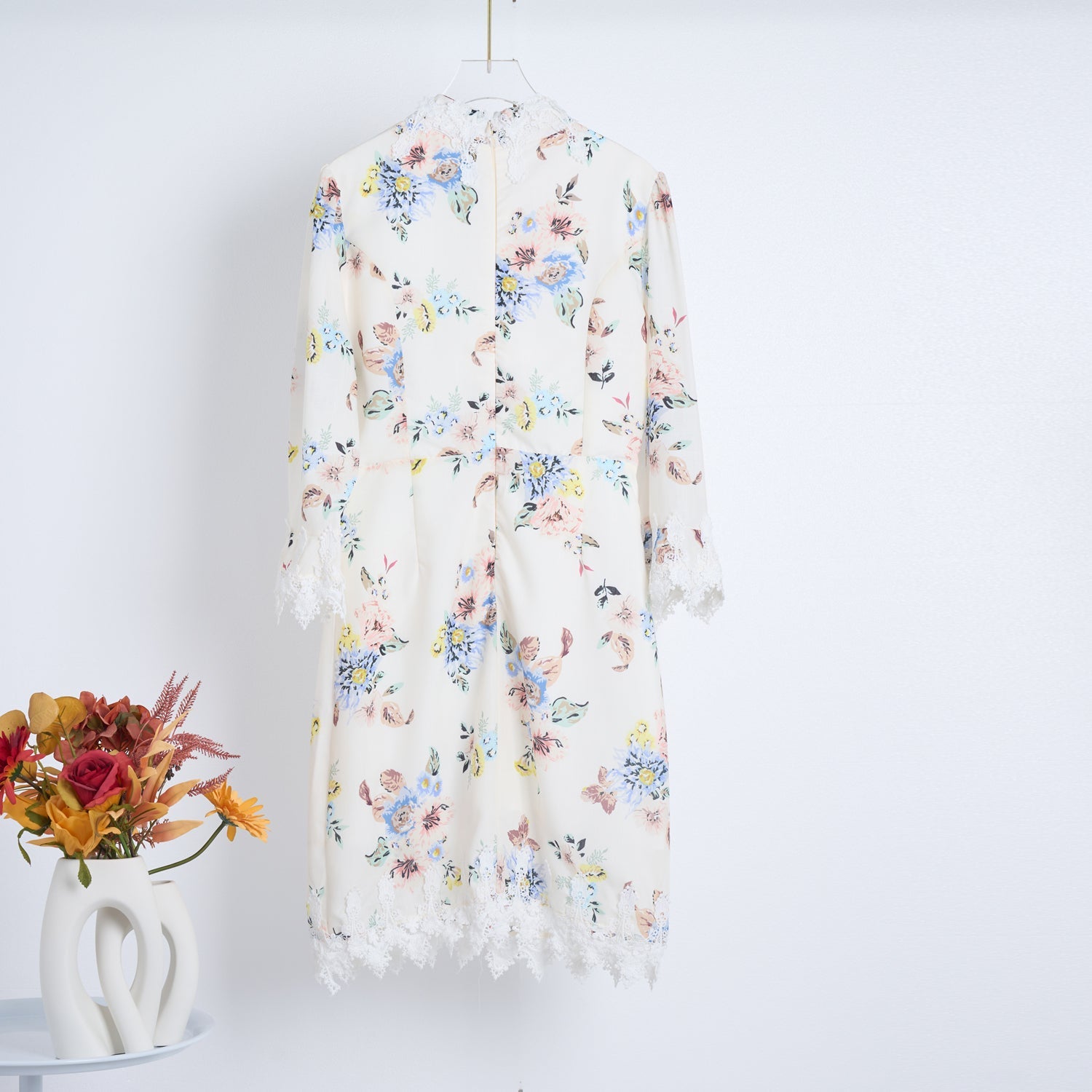 Spring Summer Heavy Industry Stitching Lace Single Breasted Stand Collar Horn Sleeve Printed Dress Short by Ragazza