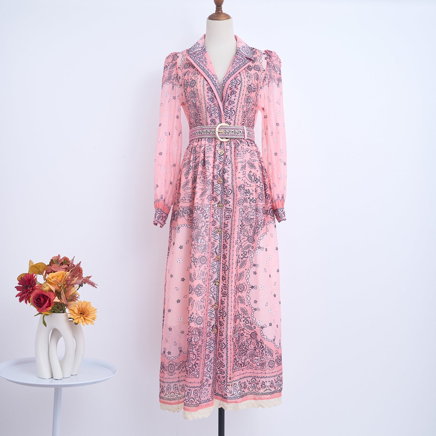 Spring Summer Single Breasted Lace Dress Dress With Belt by Ragazza