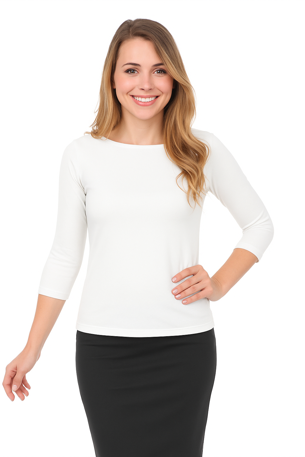 Fitted 3/4 Sleeve Layering Shell - High Round Neckline Slim-Fit Undershirt by Kosher Casual USA