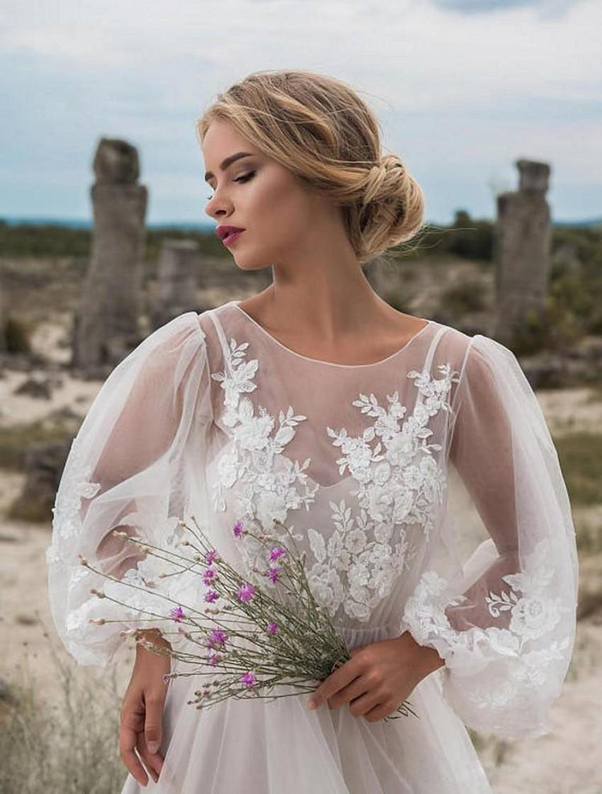 Women Round Neck Puff Sleeve Mesh Embroidery Dress Wedding Dress by Ragazza