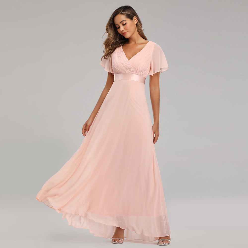 Hand-Folded Large V-neck Dress Chiffon Elastic Banquet Bridesmaid Evening Dress for Women by Ragazza