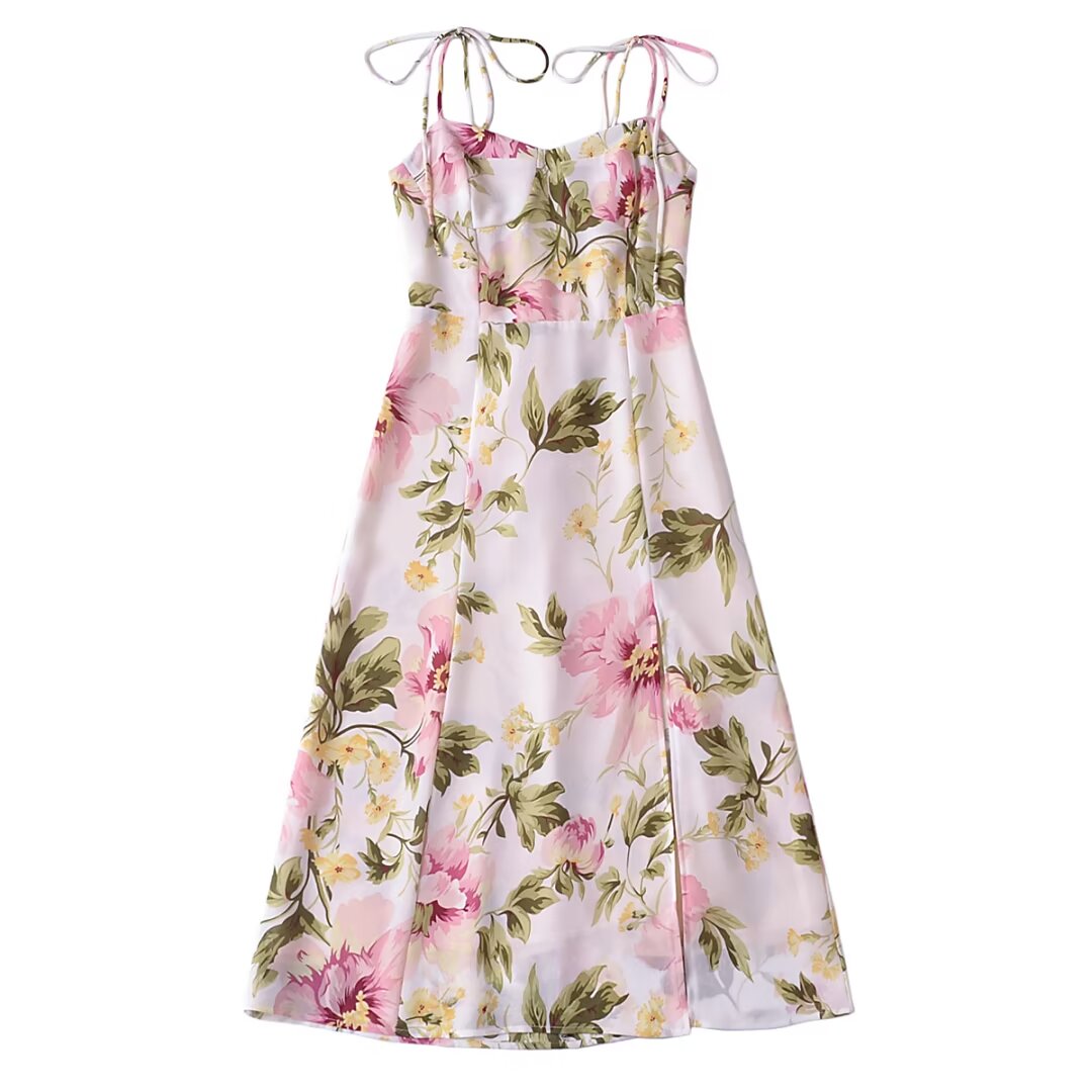 French Retro V Neck Double Shoulder Lace Up Dress Women Design Side Slit Slim Fit Printed Mid Length Vacation Dress DestGlow