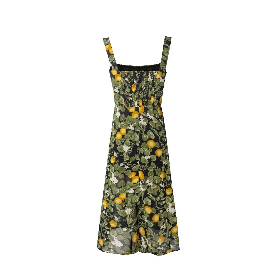 Summer Legal Women Clothing Sling Square Collar Fruit Printed Split Holiday Dress by Ragazza