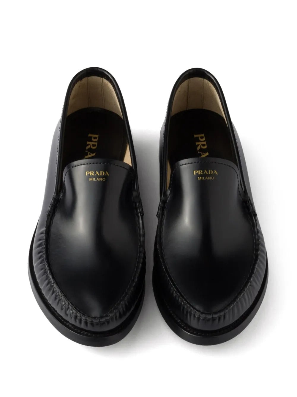 Prada Women Brushed Fumé Leather Loafers by Luosophy