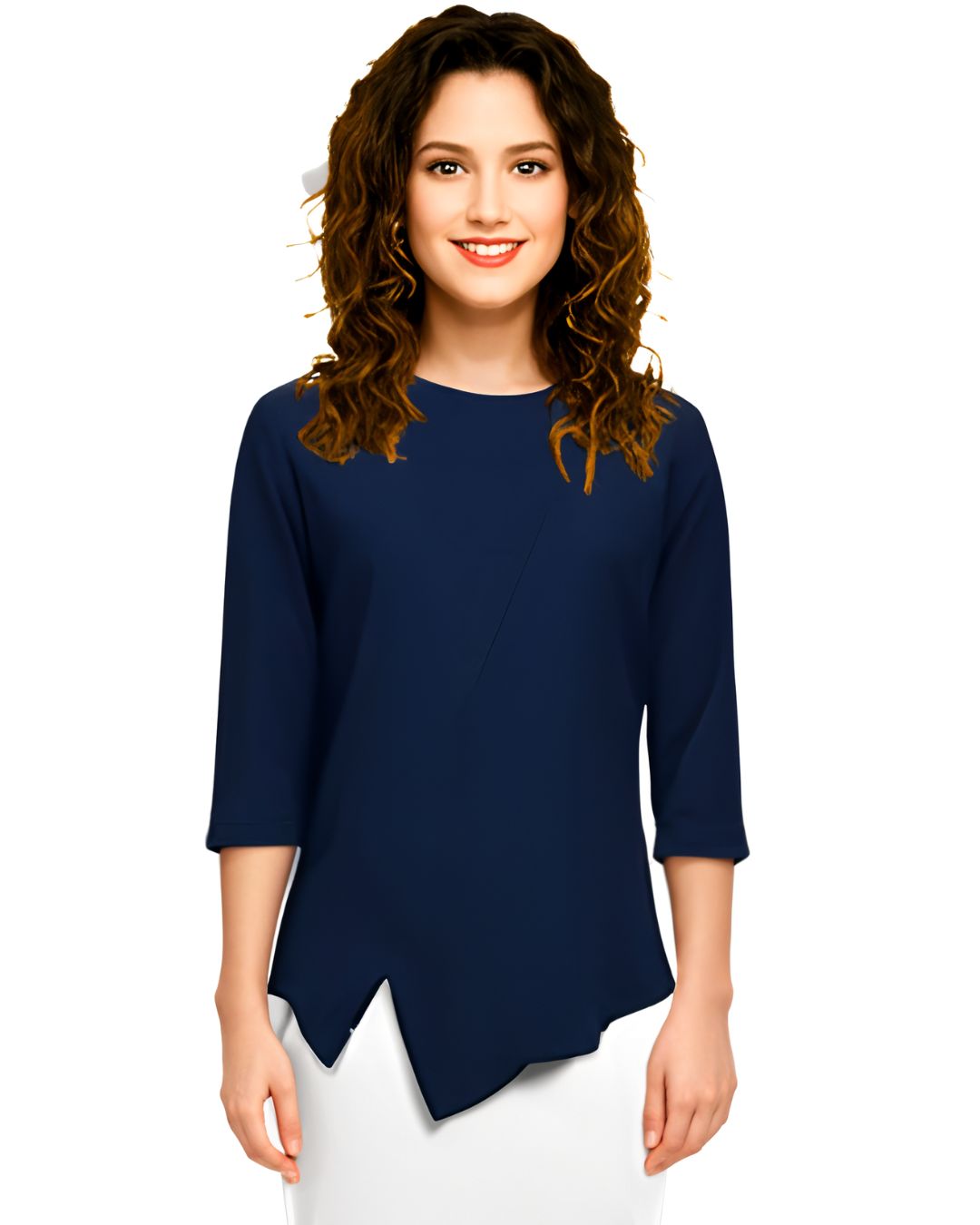 Asymmetric Waffle Knit T-Shirt with Elongated Front Hem - 3/4 Sleeve High Neck Women&