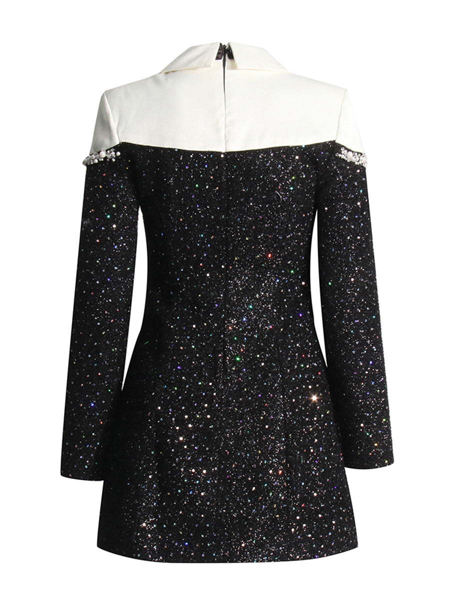 Autumn Private Clothing Socialite Chanel Collared Patchwork Beaded Sequ Woolen Slim A line Dress Women by Ragazza