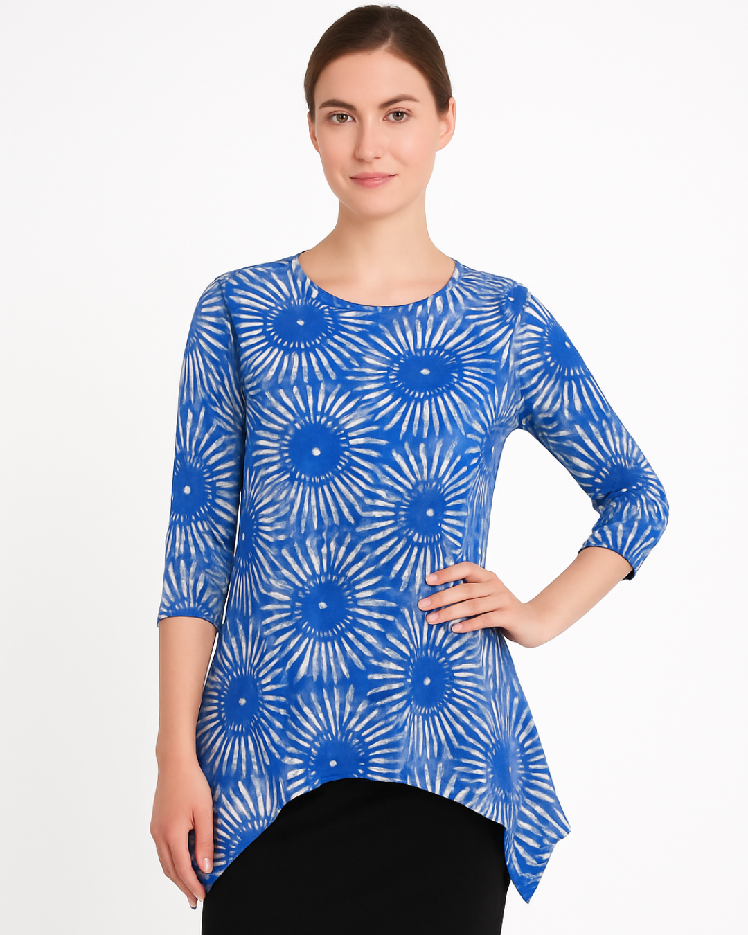 Modest Handkerchief Tunic Top - 3/4 Sleeve Comfort Flow Design by Kosher Casual USA