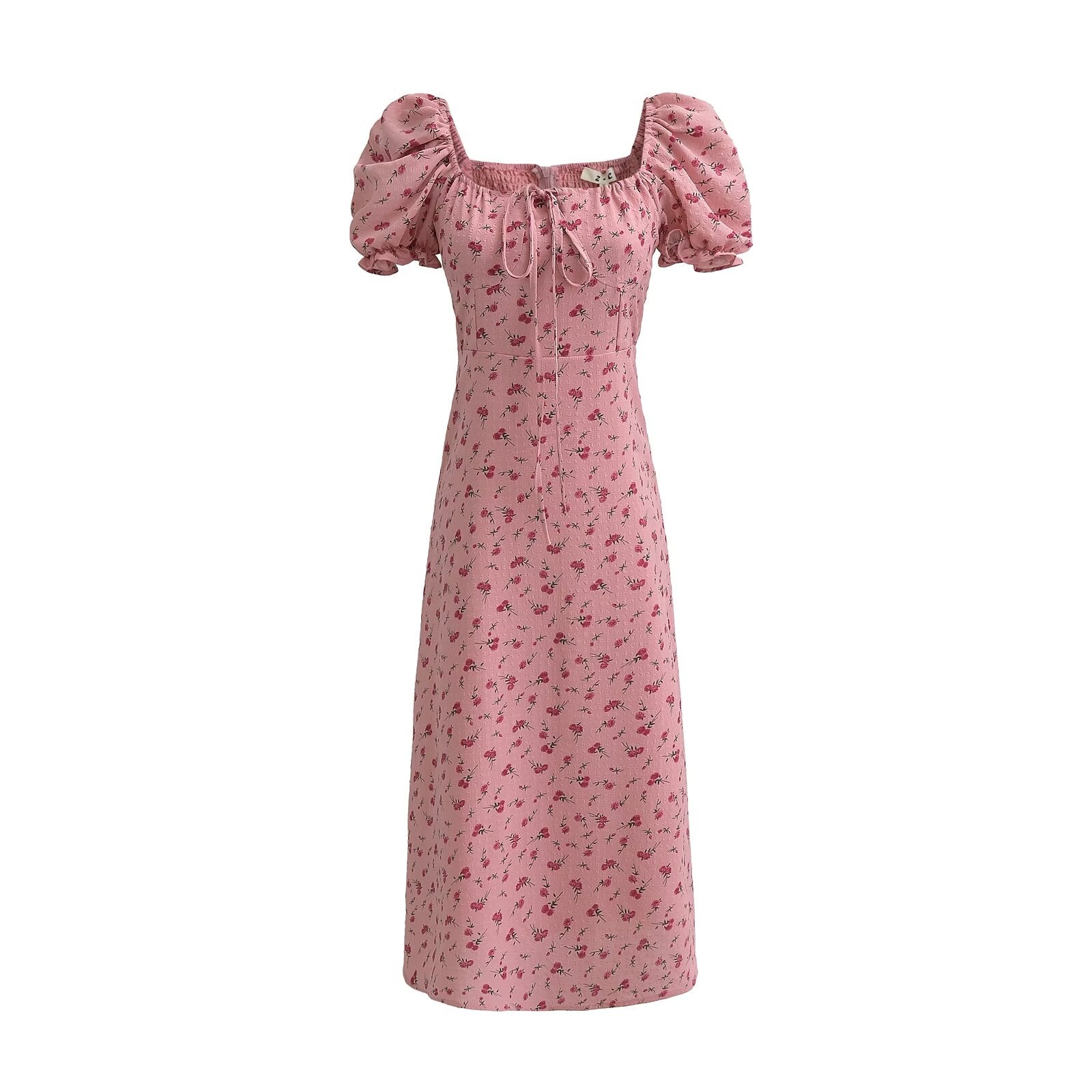 Summer Pink Roses Maxi Dress Puff Sleeve Self Tie Dress by Ragazza