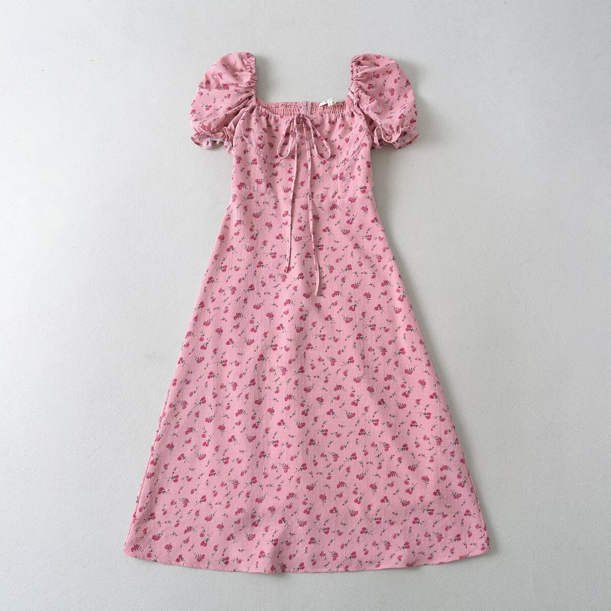 Summer Pink Roses Maxi Dress Puff Sleeve Self Tie Dress by Ragazza