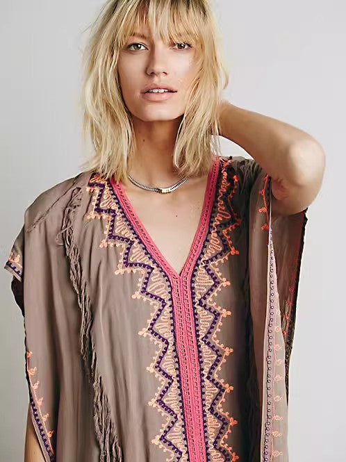Women Summer Sleeveless Embroidered Ankle Length Cape Dress by Ragazza