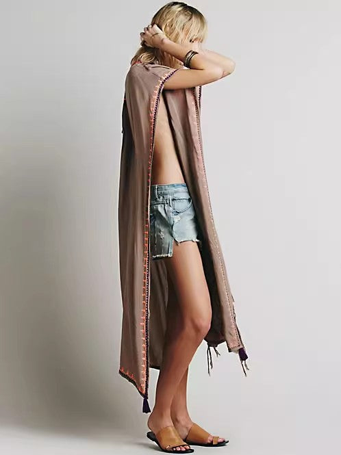 Women Summer Sleeveless Embroidered Ankle Length Cape Dress by Ragazza