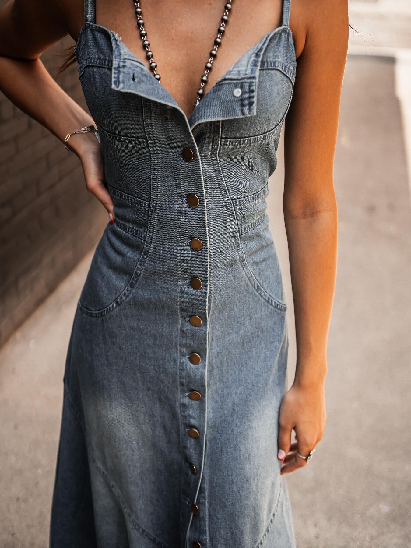 Ladies Summer Vintage Cotton Denim Washed Distressed Strap Slim Fit Buckle Large Swing Dress by Ragazza
