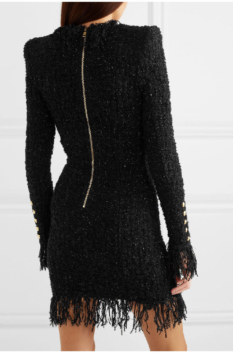 Bright Silk Woolen Tassel Double Breasted V neck Long-Sleeved Slim Fit Short Dress Coat by Ragazza