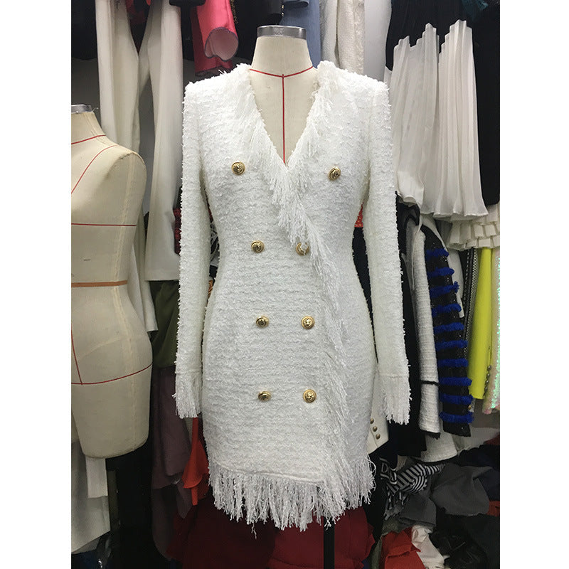 Bright Silk Woolen Tassel Double Breasted V neck Long-Sleeved Slim Fit Short Dress Coat by Ragazza